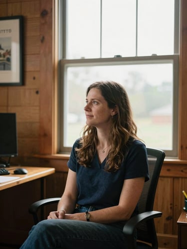 A quiet, environmental portrait of a local nonprofit leader in natural morning light, looking thoughtfully towards the window in a warm, wood-toned Kentucky office space.