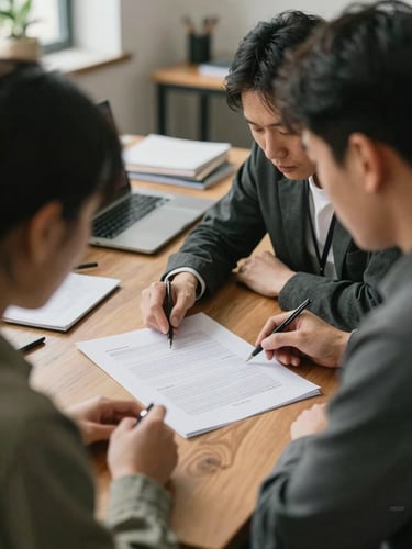 Medium-close environmental shot of two professionals reviewing a printed document at a wooden table, soft indirect morning light, natural workspace.