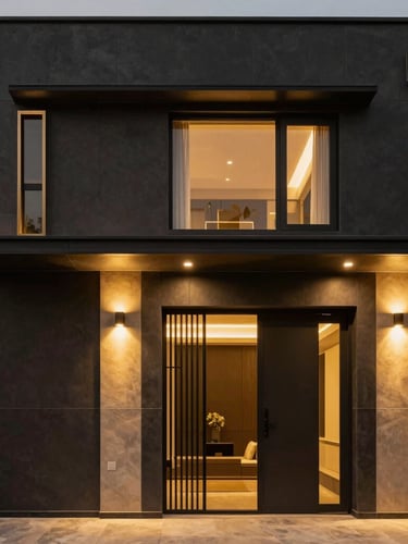 Straight-on architectural elevation of a modern Gurugram villa facade, warm dramatic lighting, matte black panels and gold accents, 35mm lens