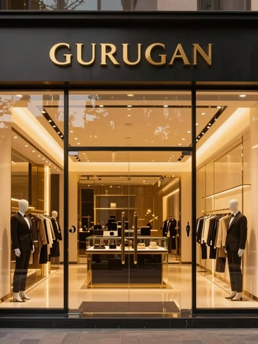 Straight-on architectural shot of a luxury showroom facade in Gurugram, warm golden hour light reflecting off large glass panels, high-contrast interior illumination, 35mm lens.