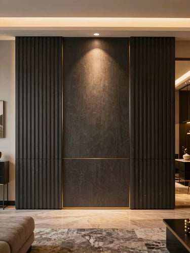 Straight-on architectural elevation of a luxury Gurugram living room featuring fluted charcoal panels and warm ambient lighting, 35mm lens.