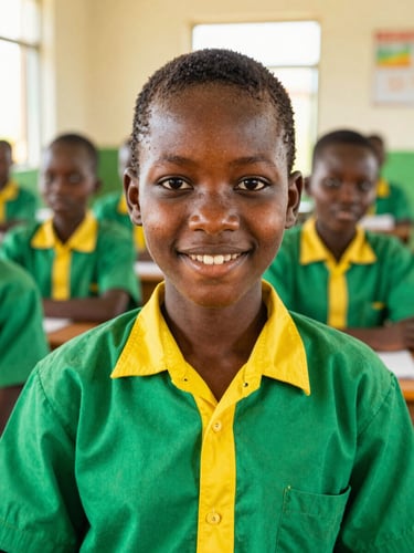 A close-up portrait of a Cameroonian secondary school student in a vibrant green and yellow uniform, smiling confidently in front of a bright Limbe classroom, warm natural daylight, 35mm