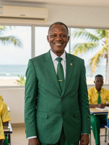 Warm editorial portrait of a senior Cameroonian school principal in a dark green suit, smiling warmly in a bright, modern office with large windows showing Limbe coastal palm trees, bright natural daylight, 35mm