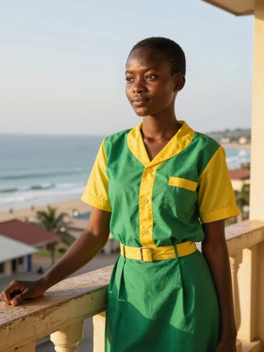 A proud Cameroonian high school student in a vibrant green and yellow uniform, standing on a sunny balcony overlooking the Limbe coastline, warm golden hour light, 35mm editorial photography.