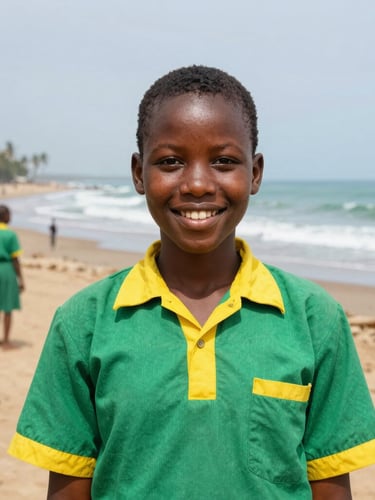 Warm editorial photo of a Cameroonian secondary school student in a green and yellow uniform smiling in front of the Limbe coastline, bright natural daylight, 35mm