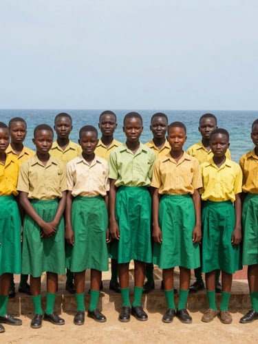 Warm editorial photography of Cameroonian secondary students in vibrant green and yellow uniforms standing proudly on a high terrace overlooking the Atlantic ocean in Limbe, bright natural daylight, 35mm
