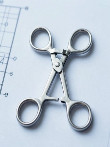 A crisp, clinical top-down macro photograph of a technical blueprint for a surgical clamp, with a stainless steel prototype instrument resting precisely on the drawing lines under bright cool studio light.