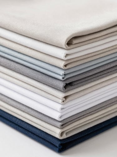 Close-up of neatly stacked, folded textile swatches in neutral corporate tones, sharp focus, bright even lighting, 50mm lens.