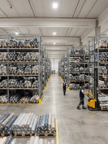 Wide shot of a modern, organized textile warehouse with neatly stacked fabric rolls under bright commercial lighting, sharp focus, 50mm lens, neutral corporate tones.