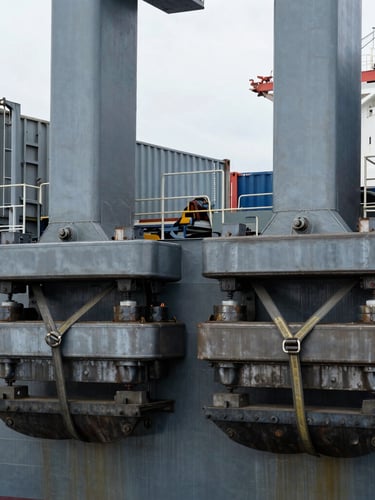 Industrial documentary photography of heavy steel container locks and securing straps on a cargo vessel, cool steel tones, overcast daylight, sharp focus.