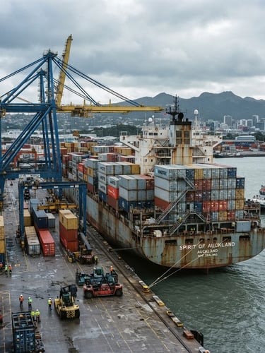 Industrial documentary photography of a container ship docked at a New Zealand port, overcast daylight, cool steel tones, sharp focus, 35mm lens.