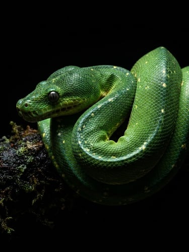Macro studio profile of a rare green tree python coiled on a dark mossy branch, dramatic high-contrast key lighting, deep black background, vivid emerald scales.