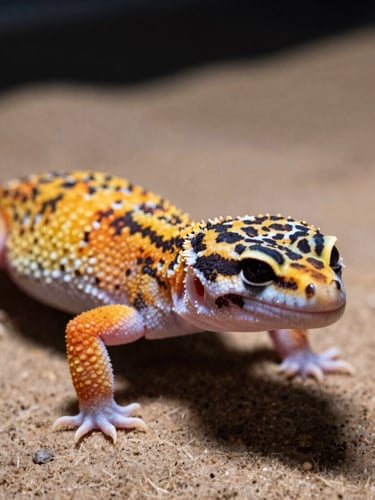Macro close-up of a healthy leopard gecko showing detailed scale patterns under warm terrarium lighting, clean naturalistic background.