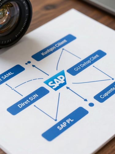 Orthogonal system diagram showing direct SAML authentication path between SAP GUI desktop client and corporate Identity Provider, clean technical blueprint style, cobalt blue accents.