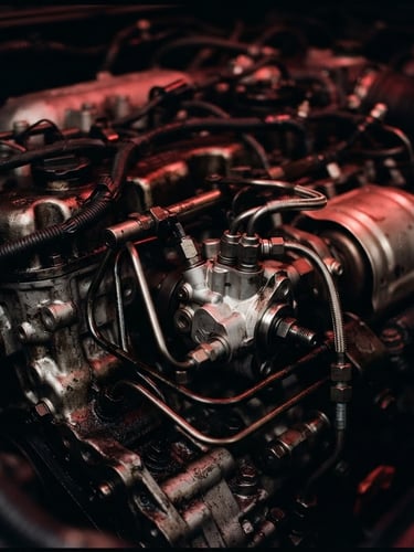 Close-up of a modern common-rail diesel engine bay, high contrast metallic textures, dramatic red ambient lighting, sharp macro focus, 35mm