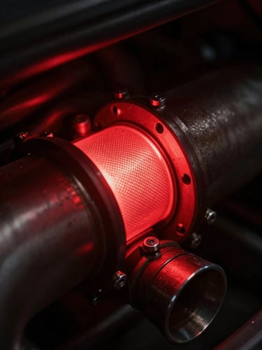 Extreme close-up of a glowing exhaust manifold on a dyno, intense red heat, metallic textures, dark moody background, high contrast, 35mm