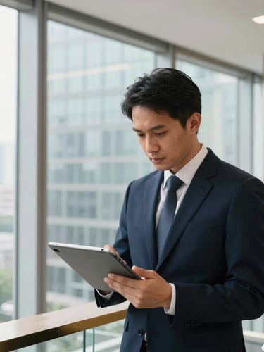 Editorial corporate photography, bright natural window light, focused professional using digital tablet in a modern glass-walled Jakarta office, subtle gold accents, crisp 35mm focus