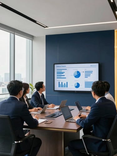 A modern minimalist corporate boardroom with large windows, natural light, professional Indonesian executives analyzing data on a screen, deep navy and gold accents, editorial corporate photography style, 35mm.