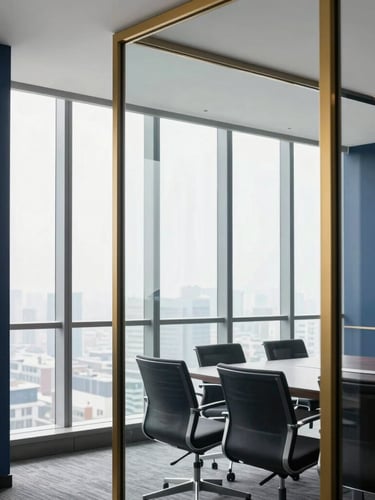 Editorial corporate photography of a modern minimalist glass-walled meeting room in Jakarta, bright natural window light, deep navy and gold accents, crisp focus, 35mm.