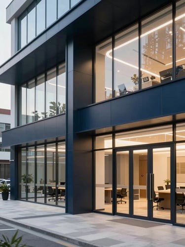 An elegant architectural shot of a modern corporate training center with clean glass walls and warm lighting, professional atmosphere, deep navy accents, editorial style, 35mm
