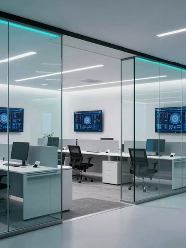 Modern architectural workspace with clean glass partitions, high-end tech dashboards visible on wall-mounted screens, cool crisp studio lighting with teal accents.