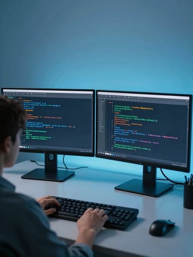 Over the shoulder view of a software engineer analyzing complex system migration scripts on high-end dual monitors, cool blue ambient backlighting, crisp corporate atmosphere