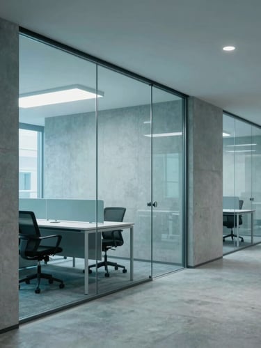 A modern architectural workspace with concrete walls, glass partitions, and soft teal ambient lighting, minimal corporate composition, 35mm lens.