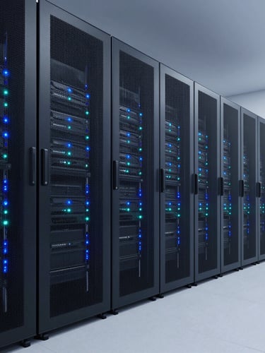 Wide architectural shot of a modern clean server room with glowing blue and teal status lights, minimal composition, crisp corporate photography, 35mm lens.