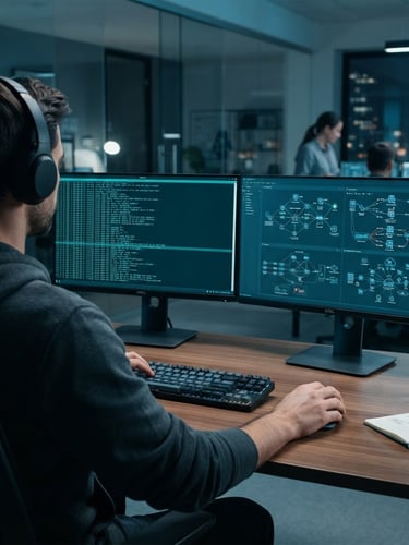 Over-the-shoulder view of a software engineer analyzing complex system logs and network architecture on dual monitors, cool blue and teal ambient lighting, crisp corporate environment, 35mm lens.