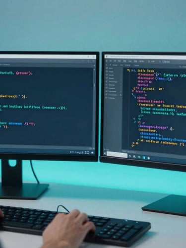 Over-the-shoulder perspective of a developer analyzing clean code on dual monitors with cool blue and teal ambient lighting