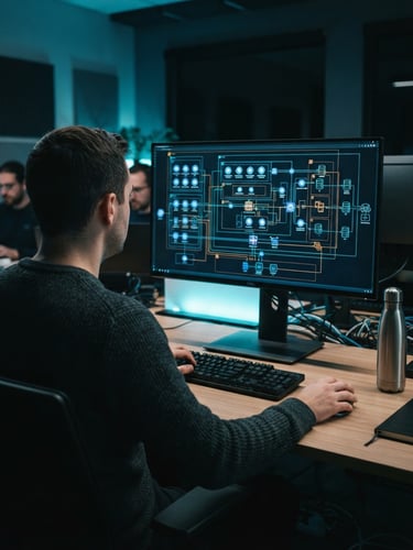 Over-the-shoulder perspective of a software engineer analyzing a complex network architecture diagram on a high-end monitor, cool blue and teal ambient backlighting, modern workspace, 35mm lens.