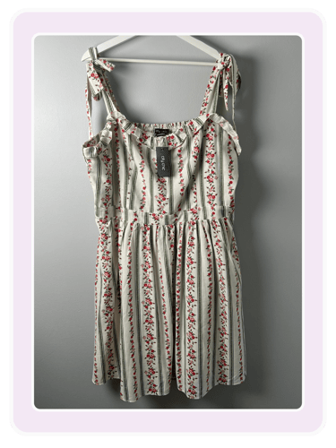 City Chic floral sleeveless dress with red roses and vertical stripes on a white background.
