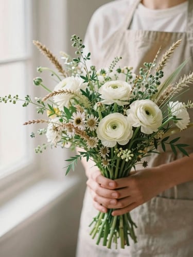 Close-up of an organic, hand-tied bouquet with wild grasses, ranunculus, and delicate foliage, held by a florist in a linen apron, warm editorial photography, soft morning window light, shallow depth of field, 35mm