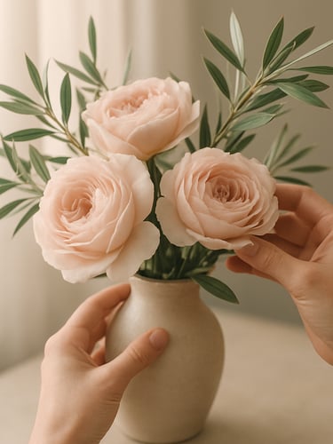 Close-up of a florist's hands arranging delicate garden roses and olive branches in a ceramic vase, soft morning window light, warm editorial photography