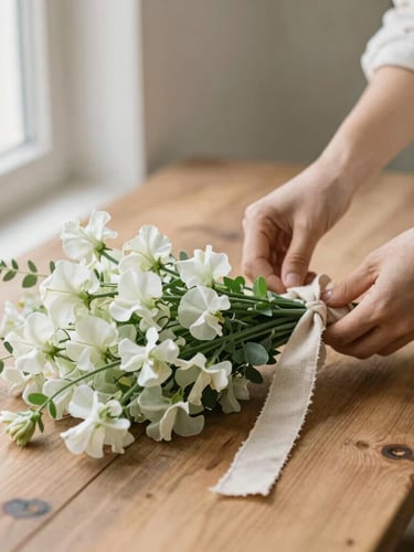 Candid close-up of a florist's hands tying a loose bouquet of sweet peas and delicate greenery with a simple linen ribbon on a rustic wooden table, soft side lighting