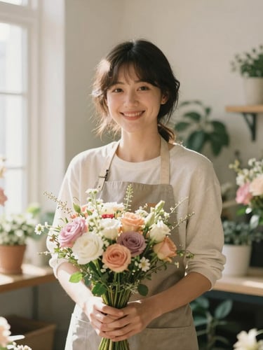 Portrait of a smiling female florist in an apron standing in a sunlit flower shop, holding a loose garden-style bouquet, soft morning light, warm 35mm style