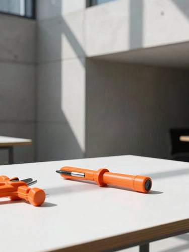 Bright architectural photography of a modern concrete workspace with sharp direct sunlight casting geometric shadows, vivid orange design tools on a white table, 35mm