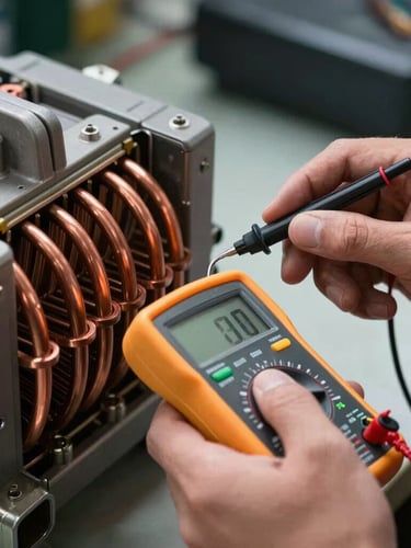 A close-up high-contrast photo of a technician's hands using a digital multimeter to test voltage on a copper compressor coil, sharp daylight lighting, industrial aesthetic