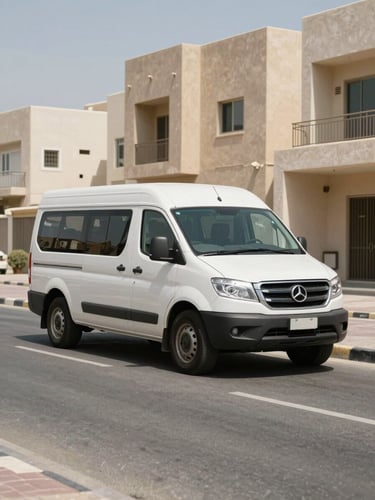 Wide-angle environmental shot of a branded service vehicle parked on a real residential street in Deira Dubai, bright midday sun, high-contrast shadows, clean industrial aesthetic.