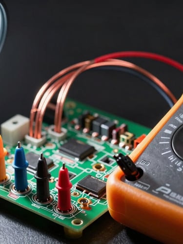 Close-up of copper wiring and a digital multimeter testing voltage on an appliance circuit board, direct work lamp lighting, sharp focus