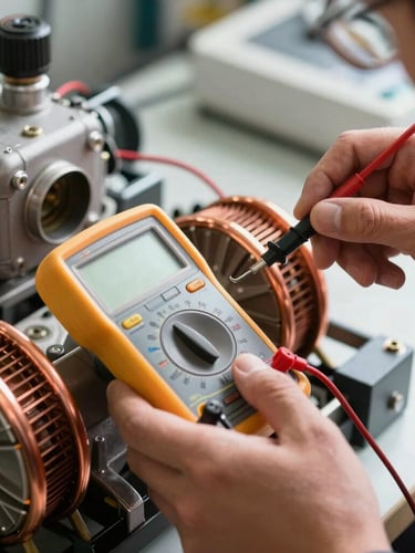 Close-up of a technician using a digital multimeter to measure voltage on copper compressor coils, sharp focus, natural morning light.