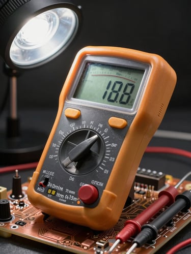 Macro shot of a high-contrast digital multimeter showing precise voltage readings on a clean copper circuit board, direct bright work lamp illumination