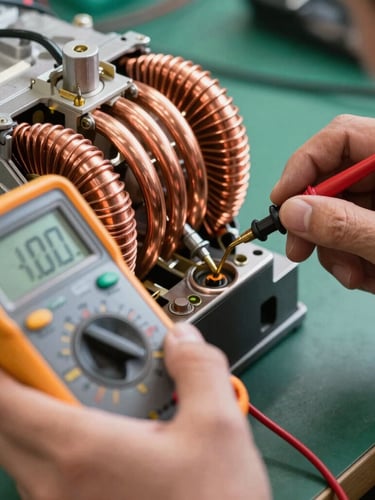 Tight macro shot of a technician using a digital multimeter to test voltage on copper compressor coils, sharp daylight, high-contrast.