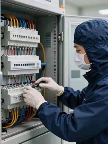 A certified QA/QC inspector in pristine PPE checking an electrical terminal block inside an industrial control room, crisp daylight, cool navy and metallic tones with amber highlights.