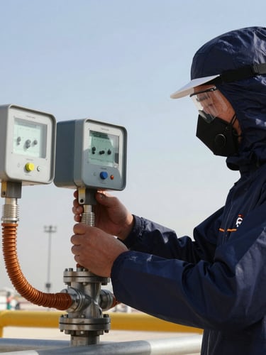 Close-up of a certified inspector in pristine PPE examining an electrical instrumentation loop at an LNG facility in Doha, crisp daylight.