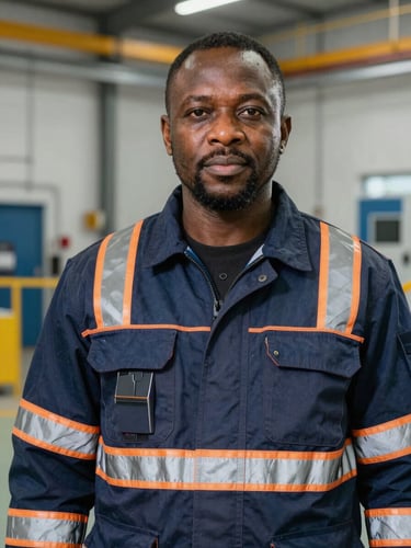 Professional technical portrait of Managing Director Chrysantus Obioma Osuagwu in a clean industrial facility setting, wearing high-quality safety gear