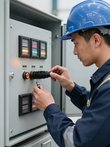 Close-up technical shot of a certified inspector in pristine safety gear performing a quality check on an industrial control panel