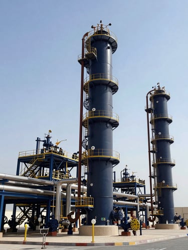 Wide shot of a modern LNG processing facility in Qatar under bright daylight, showing heavy steel structures and piping loops