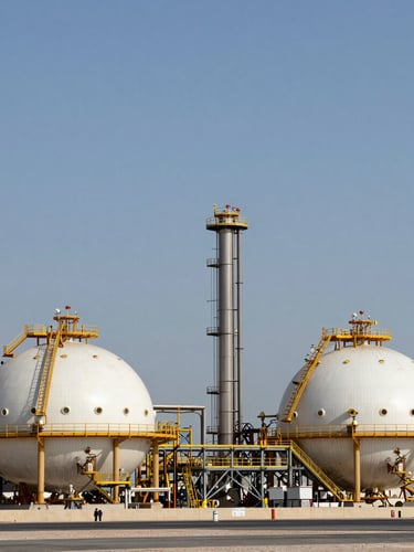 Wide environmental shot of an LNG facility in Qatar under bright daylight, clean metallic structures, clear sky, professional industrial photography.