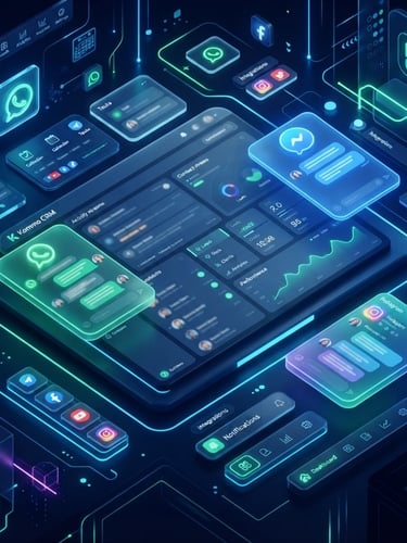Visão isométrica de uma interface Kommo CRM com ícones de WhatsApp, Instagram e Facebook Messenger integrados, em um fundo azul-marinho profundo com luzes neon azul e verde, estilo glassmorphism.